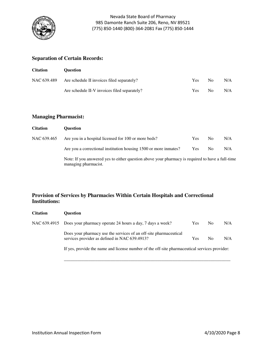 Institution Annual Inspection Form - Nevada, Page 8