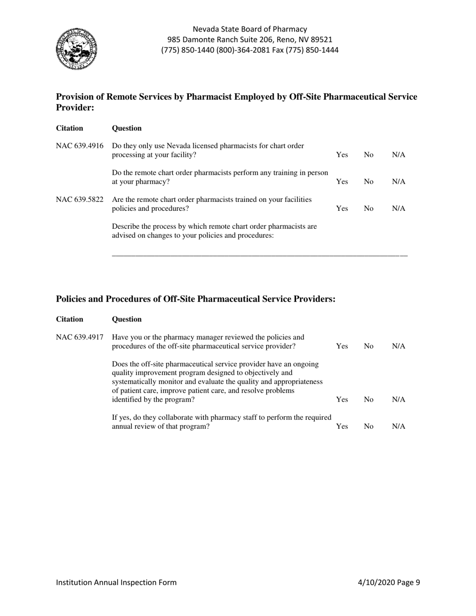 Institution Annual Inspection Form - Nevada, Page 9
