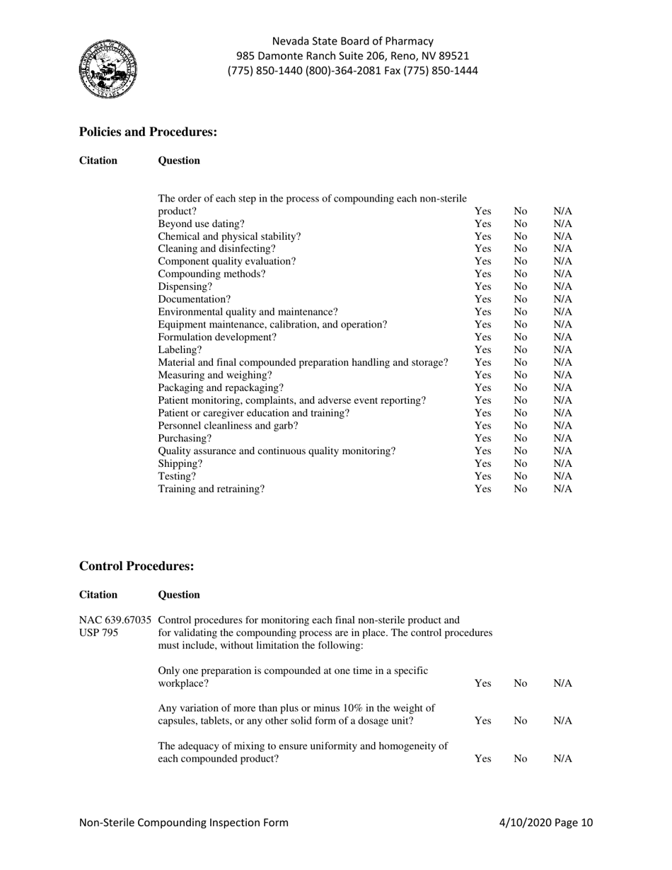 Non-sterile Compounding Inspection Form - Nevada, Page 10