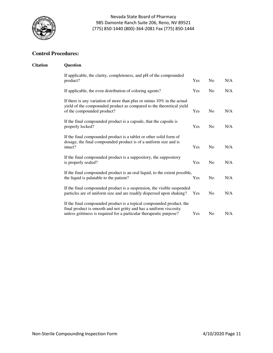 Non-sterile Compounding Inspection Form - Nevada, Page 11