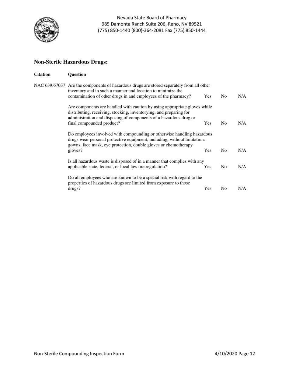 Non-sterile Compounding Inspection Form - Nevada, Page 12