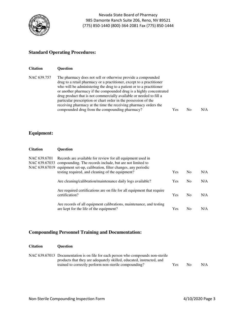 Non-sterile Compounding Inspection Form - Nevada, Page 3