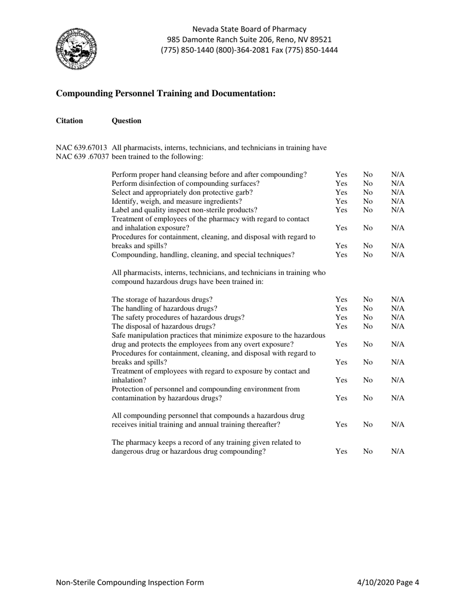 Non-sterile Compounding Inspection Form - Nevada, Page 4