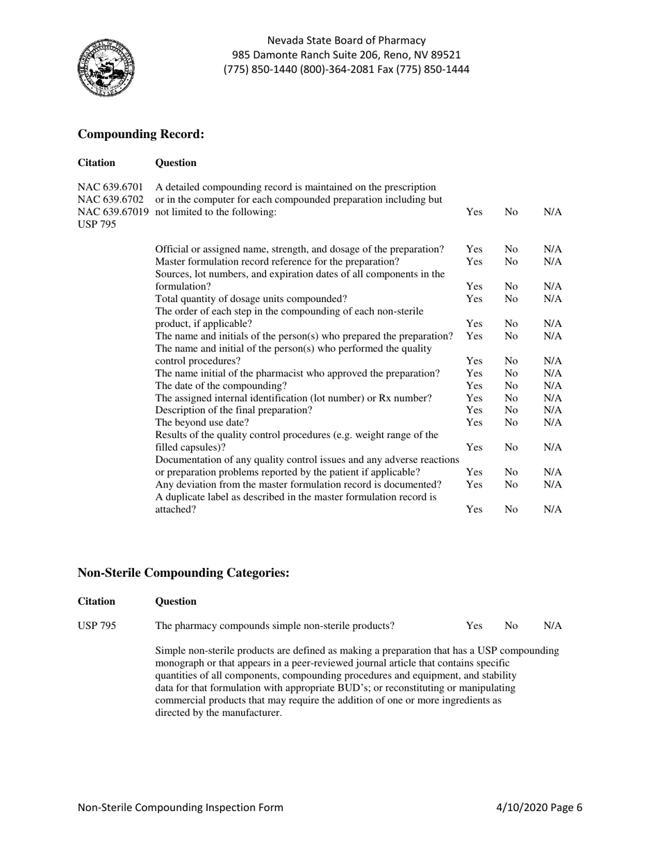 Non-sterile Compounding Inspection Form - Nevada, Page 6