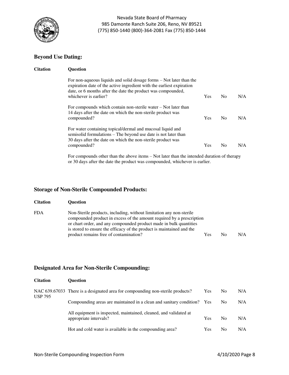 Non-sterile Compounding Inspection Form - Nevada, Page 8