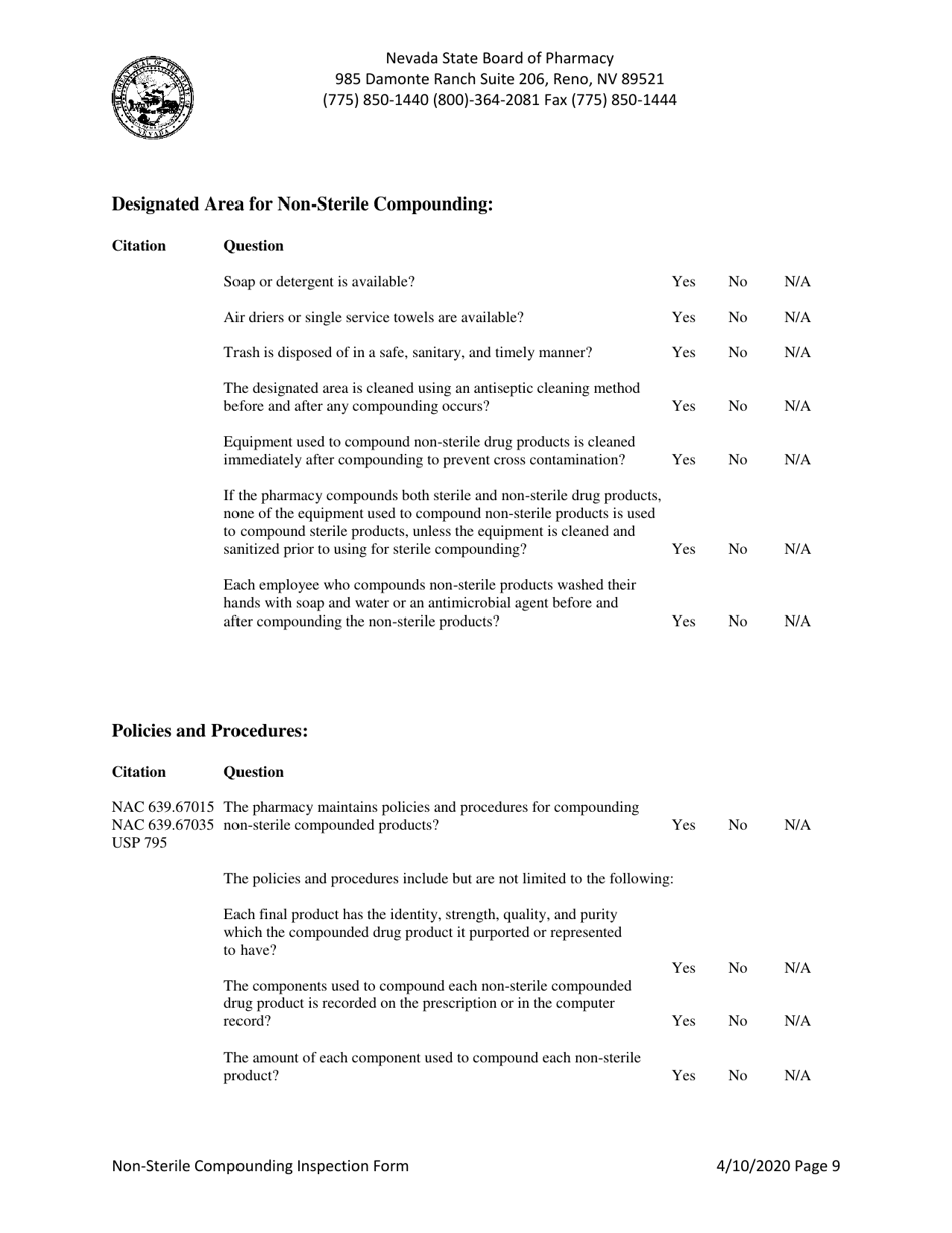 Non-sterile Compounding Inspection Form - Nevada, Page 9