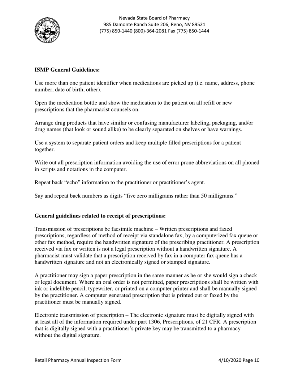 Retail Pharmacy Annual Inspection Form - Nevada, Page 10