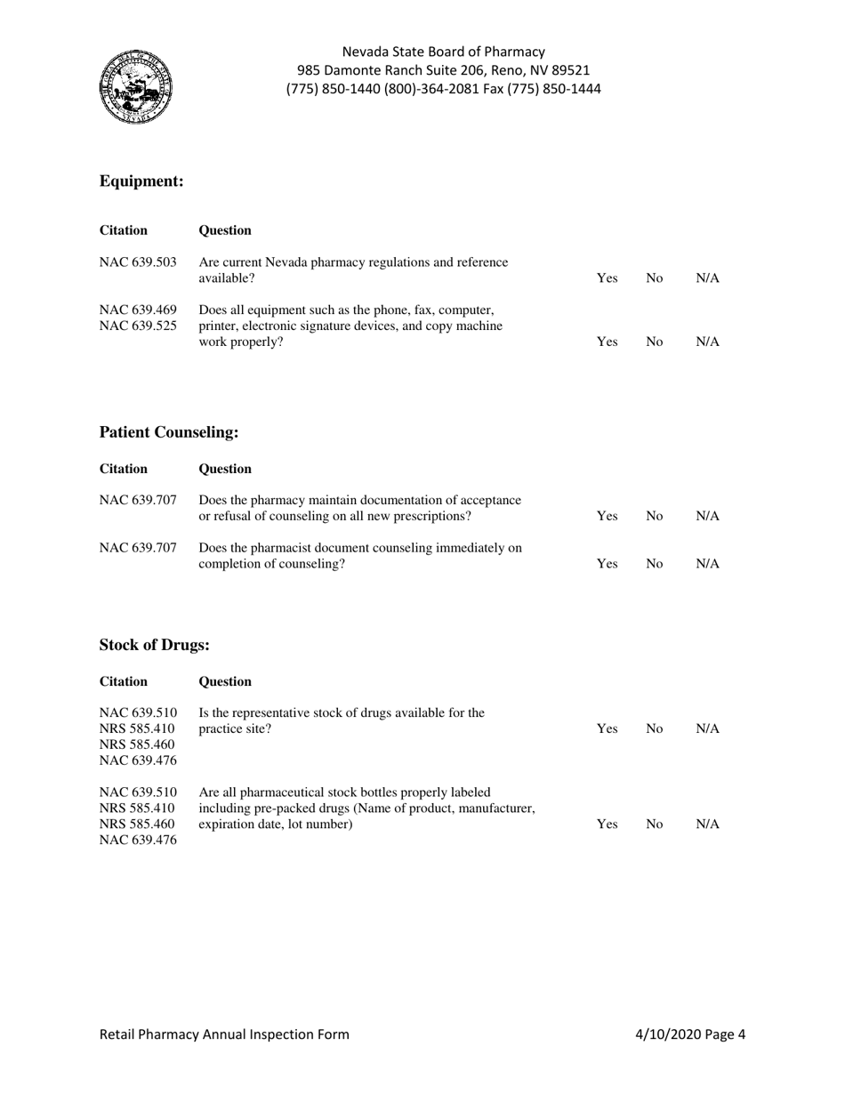 Retail Pharmacy Annual Inspection Form - Nevada, Page 4
