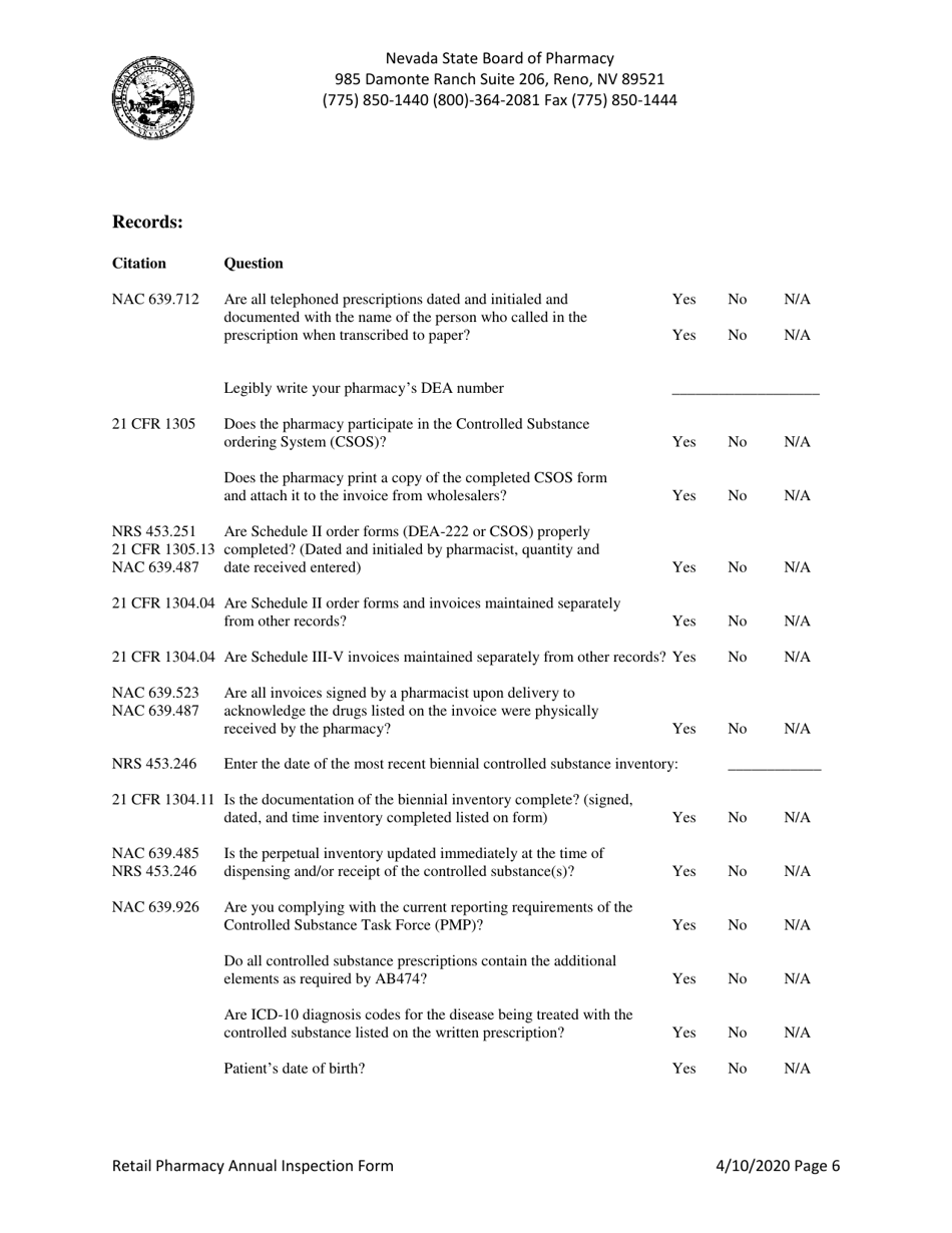 Retail Pharmacy Annual Inspection Form - Nevada, Page 6