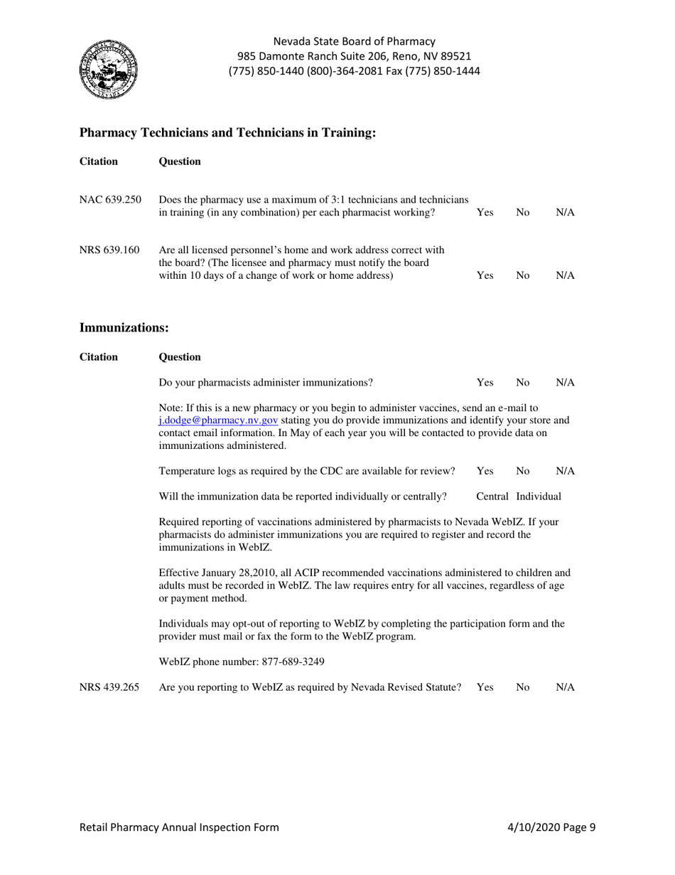 Retail Pharmacy Annual Inspection Form - Nevada, Page 9