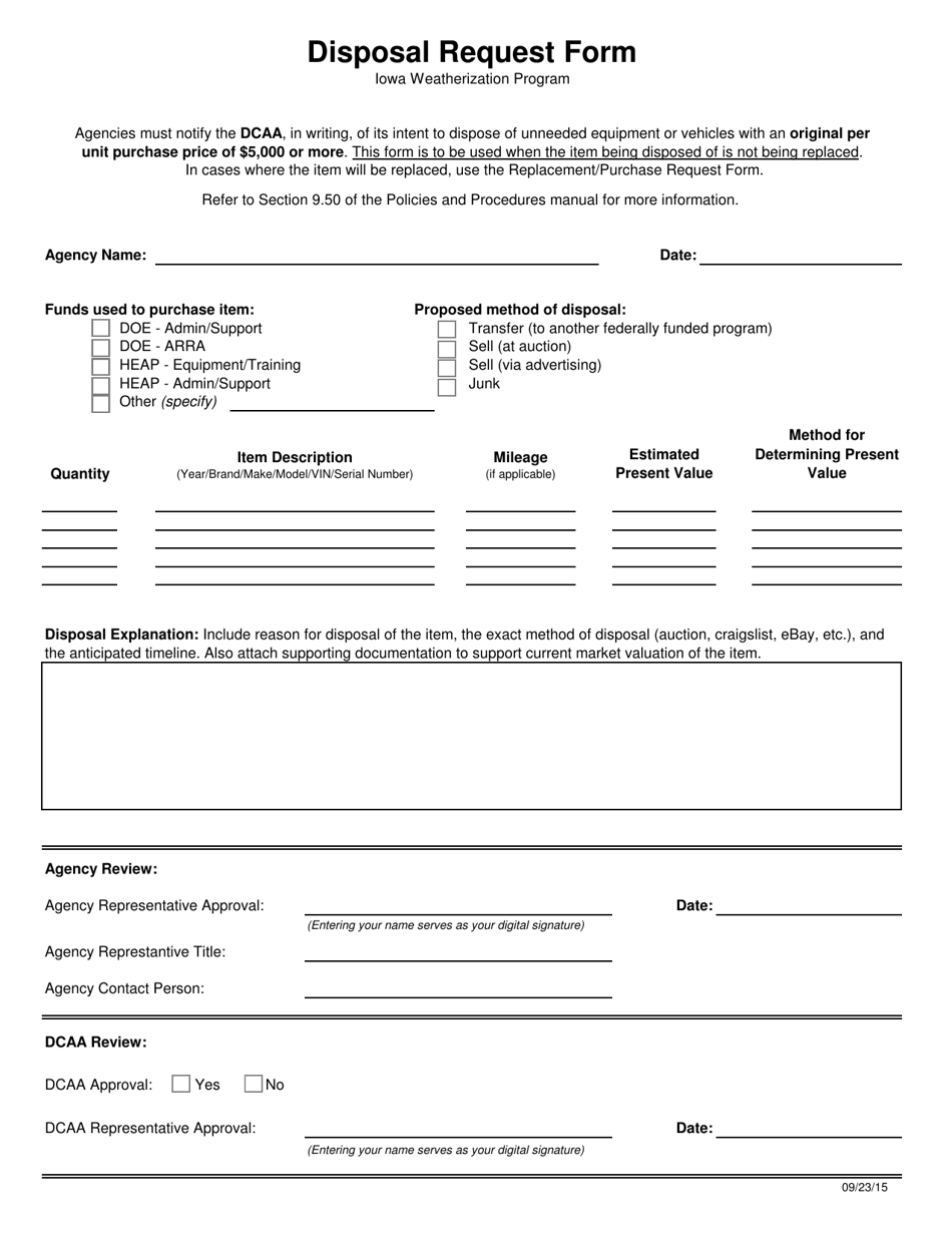 Disposal Request Form - Iowa, Page 1