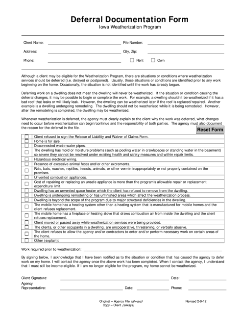 Deferral Documentation Form - Iowa