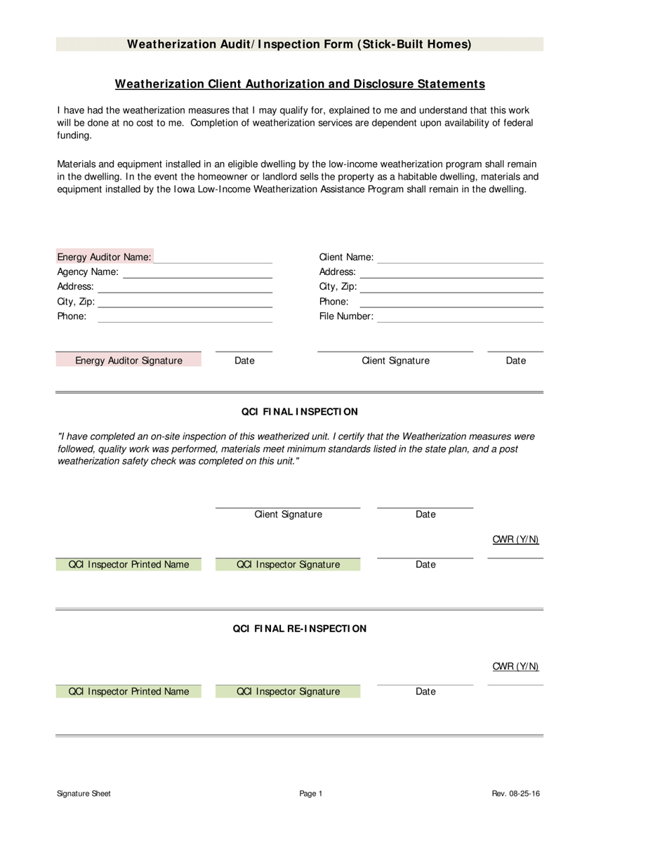 Weatherization Audit / Inspection Form (Stick-Built Homes) - Iowa, Page 1