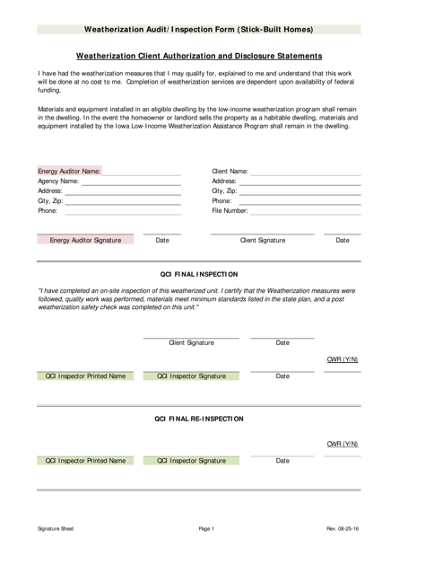 Weatherization Audit / Inspection Form (Stick-Built Homes) - Iowa Download Pdf