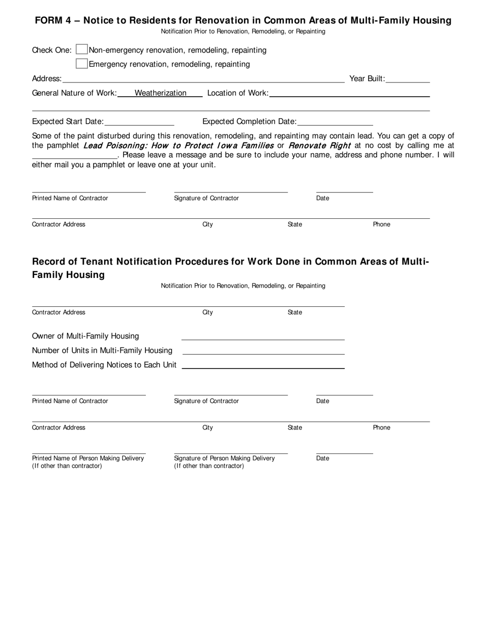 Form 4 Notice to Residents for Renovation in Common Areas of Multi-Family Housing - Iowa, Page 1