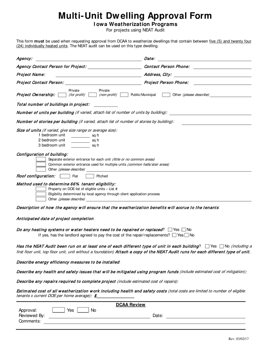 Multi-Unit Dwelling Approval Form - Projects Using Neat Audit - Iowa, Page 1