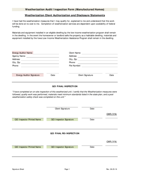 Weatherization Audit/Inspection Form (Manufactured Homes) - Iowa