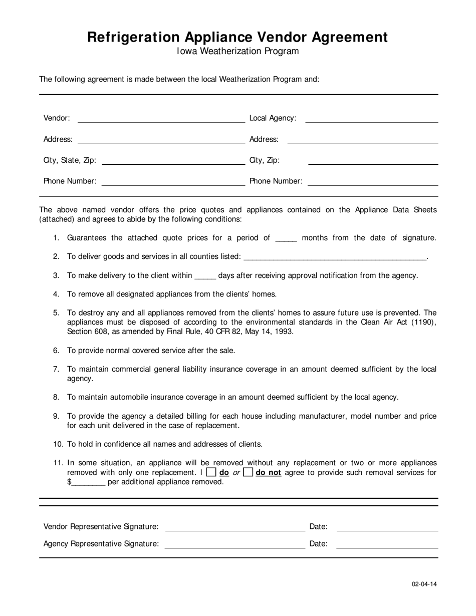 Refrigeration Appliance Vendor Agreement - Iowa, Page 1