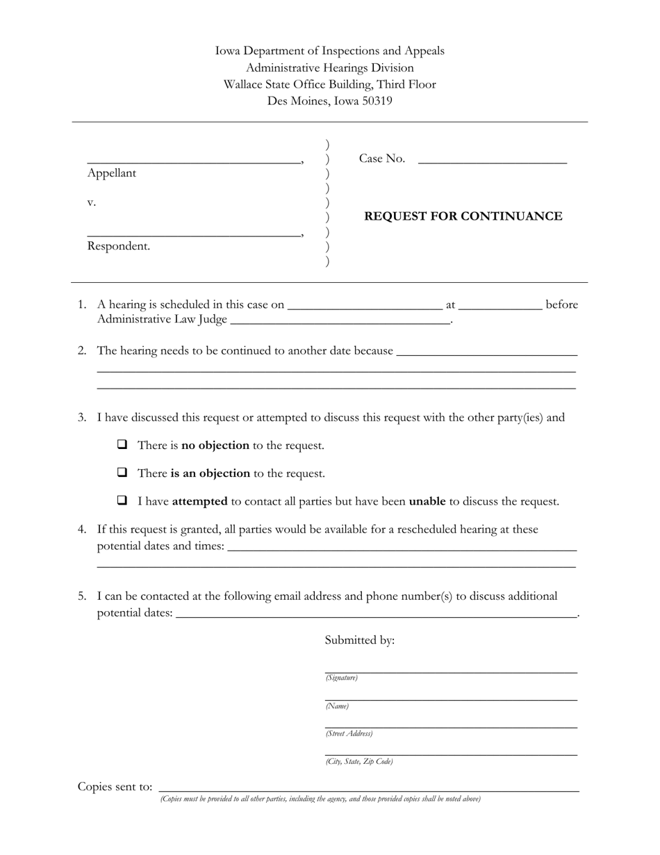 Request for Continuance - Iowa, Page 1