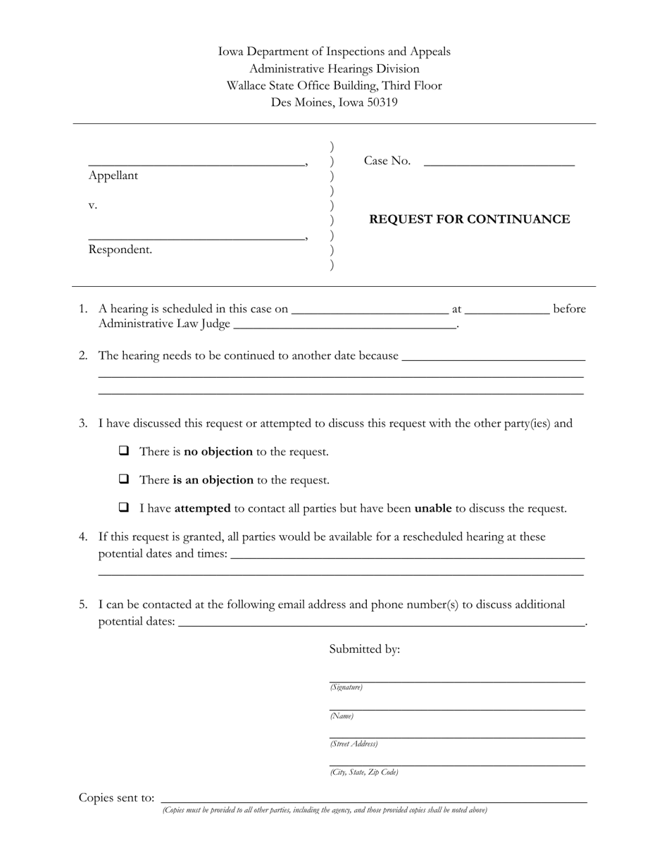 Iowa Request for Continuance Fill Out, Sign Online and Download PDF
