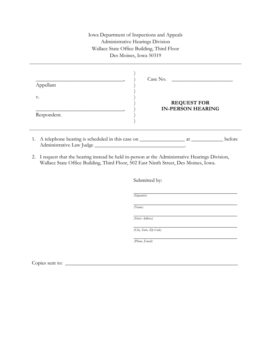 Request for in-Person Hearing - Iowa, Page 1