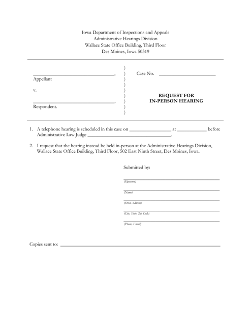 Request for in-Person Hearing - Iowa Download Pdf