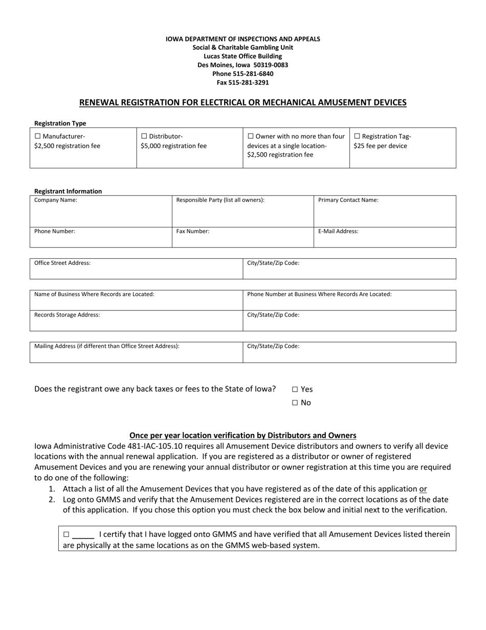 Form 427-2547 Renewal Registration for Electrical or Mechanical Amusement Devices - Iowa, Page 1