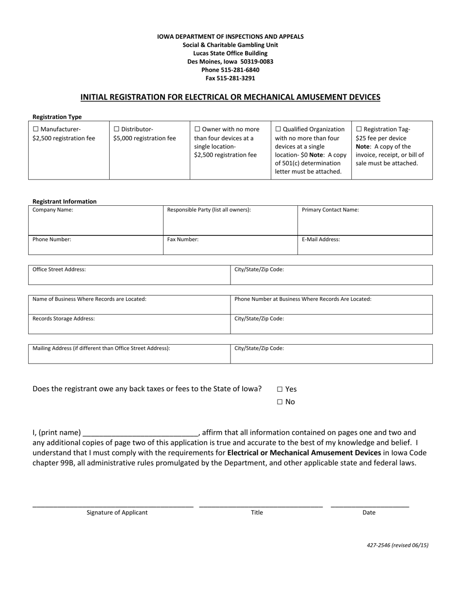 Form 427-2546 Initial Registration for Electrical or Mechanical Amusement Devices - Iowa, Page 1