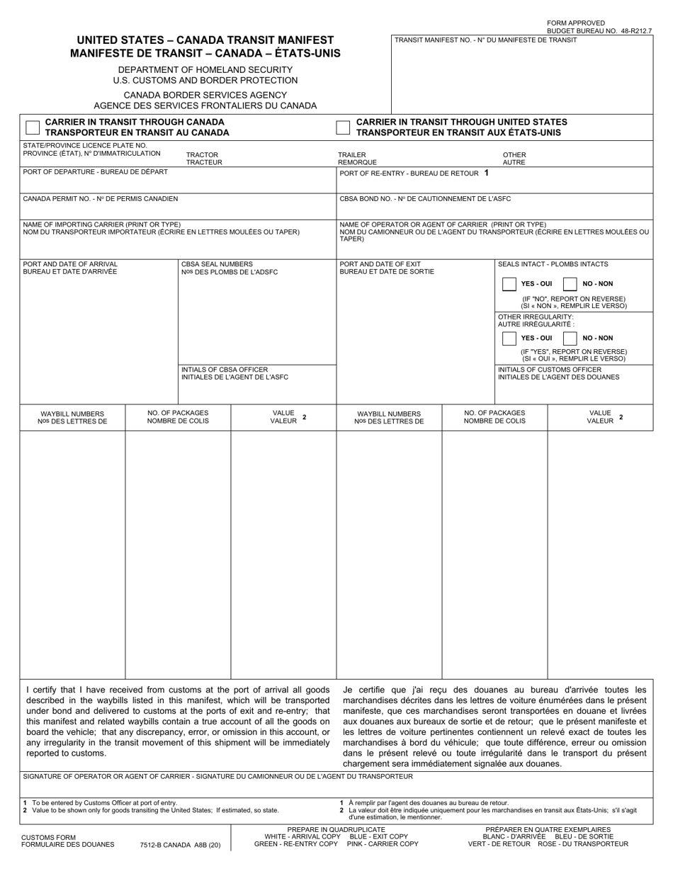 Form A8B United States - Canada Transit Manifest - Canada (English / French), Page 1