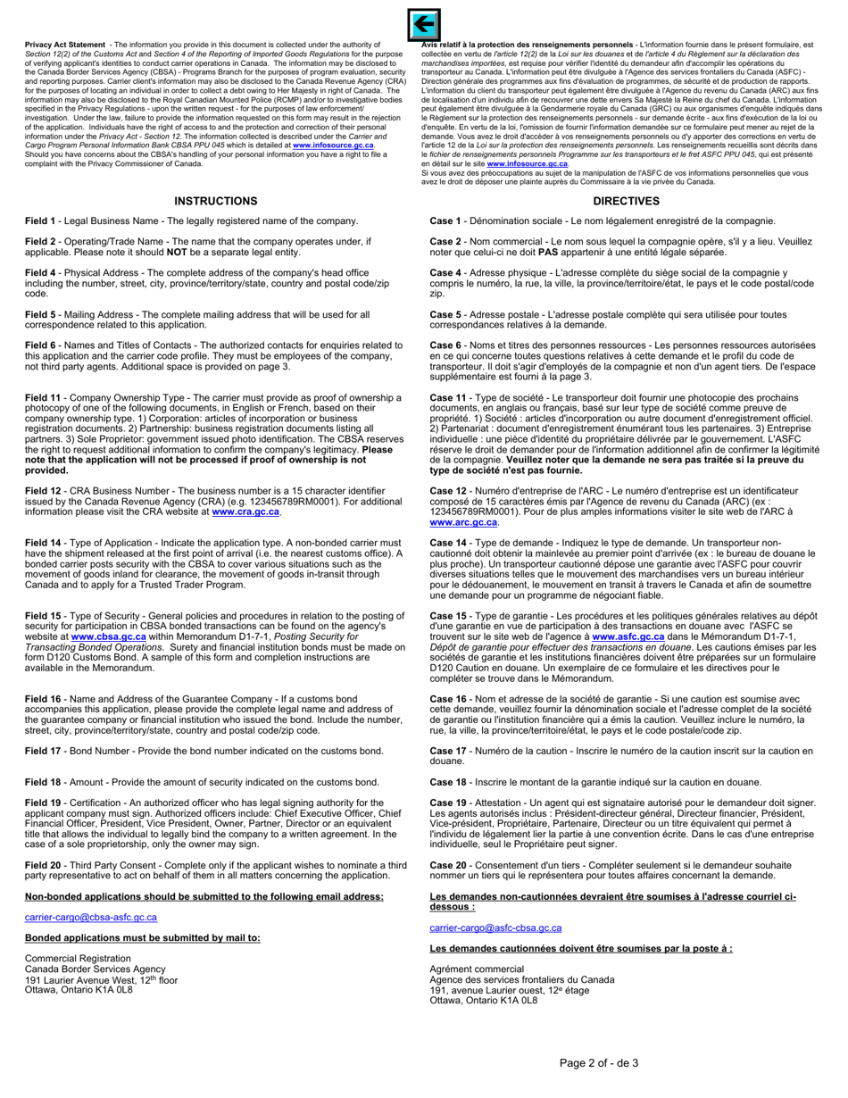 Form BSF329-5 Application to Transact Rail Operations With the Canada Border Services Agency - Canada (English / French), Page 2