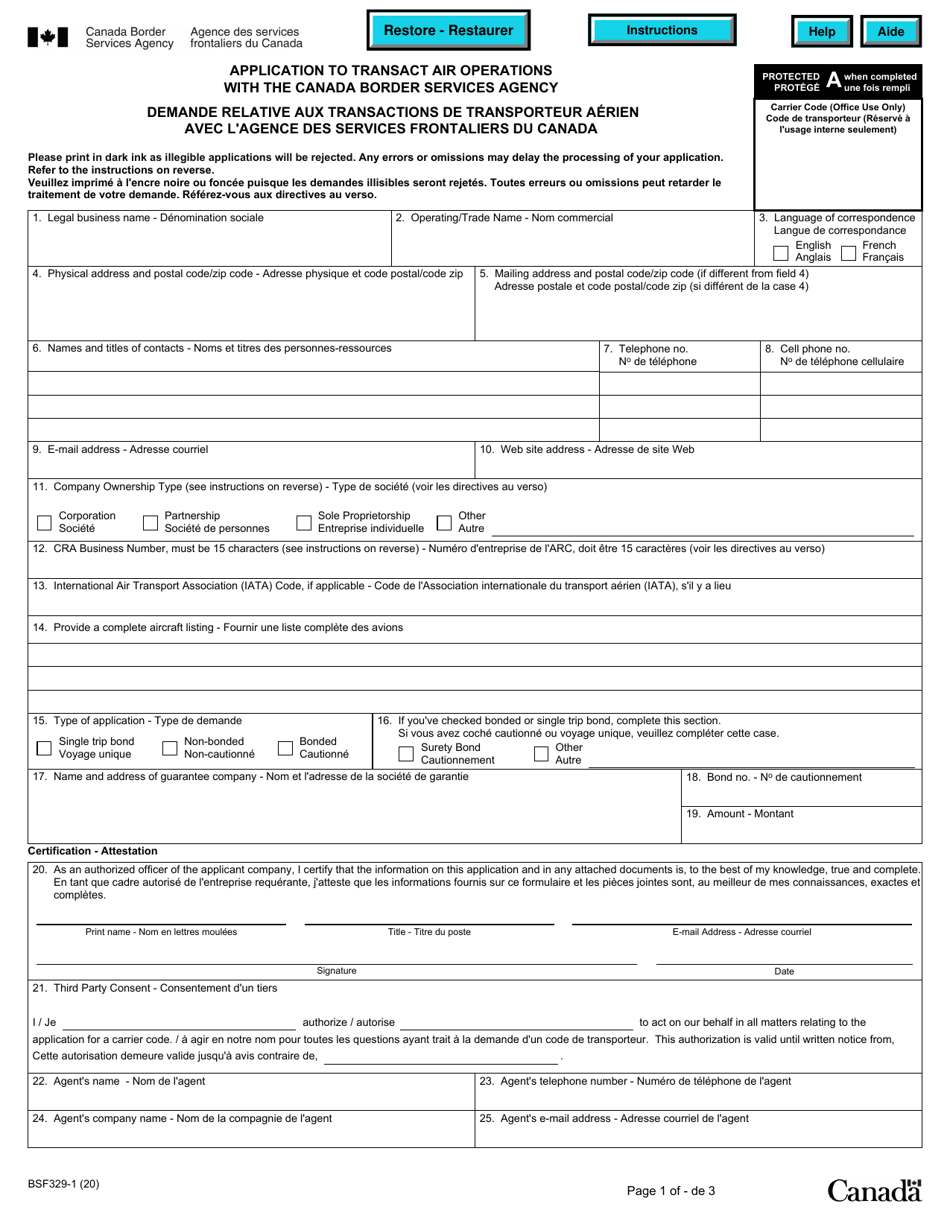 Form BSF329-1 Application to Transact Air Operations With the Canada Border Services Agency - Canada (English / French), Page 1