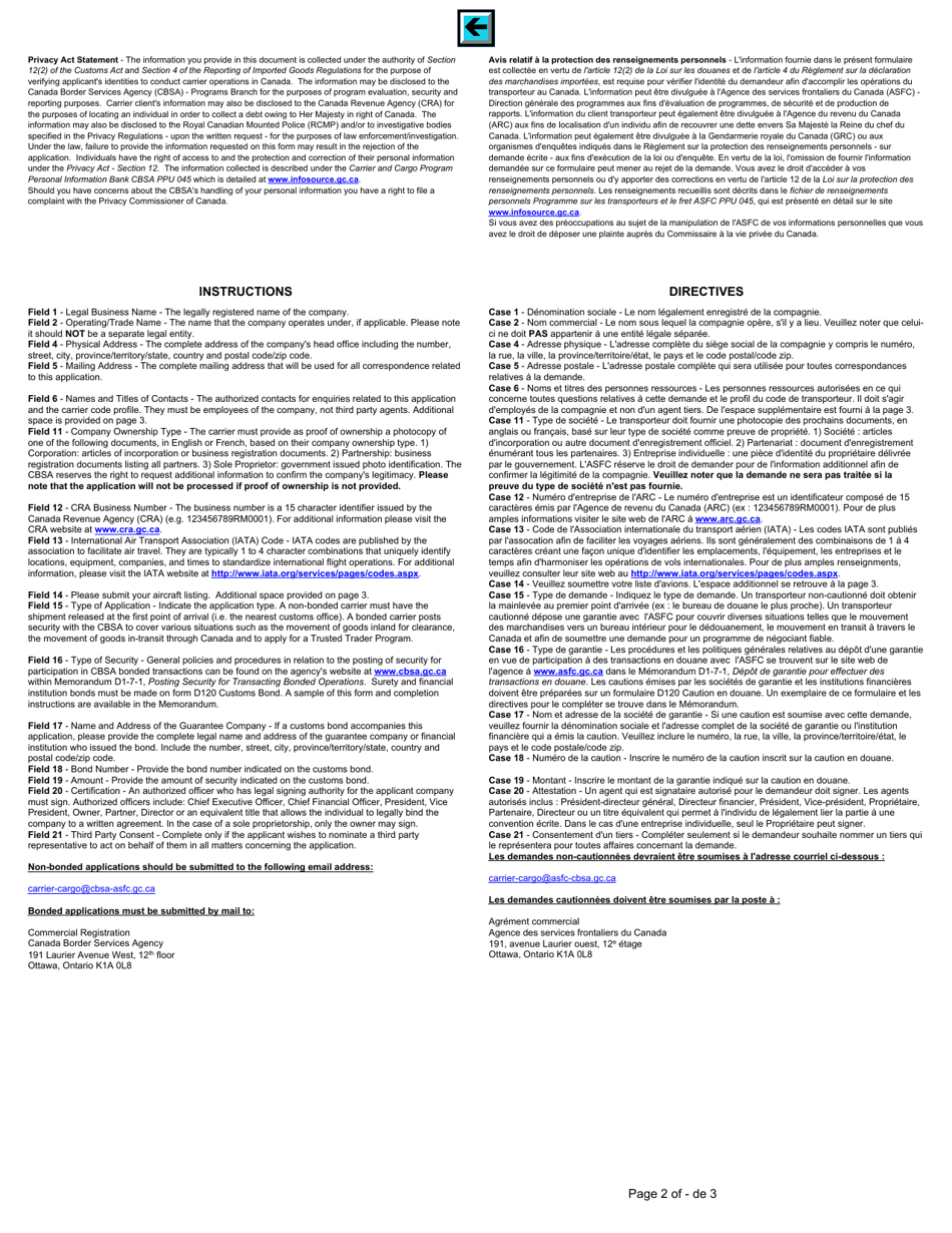 Form BSF329-1 Application to Transact Air Operations With the Canada Border Services Agency - Canada (English / French), Page 2
