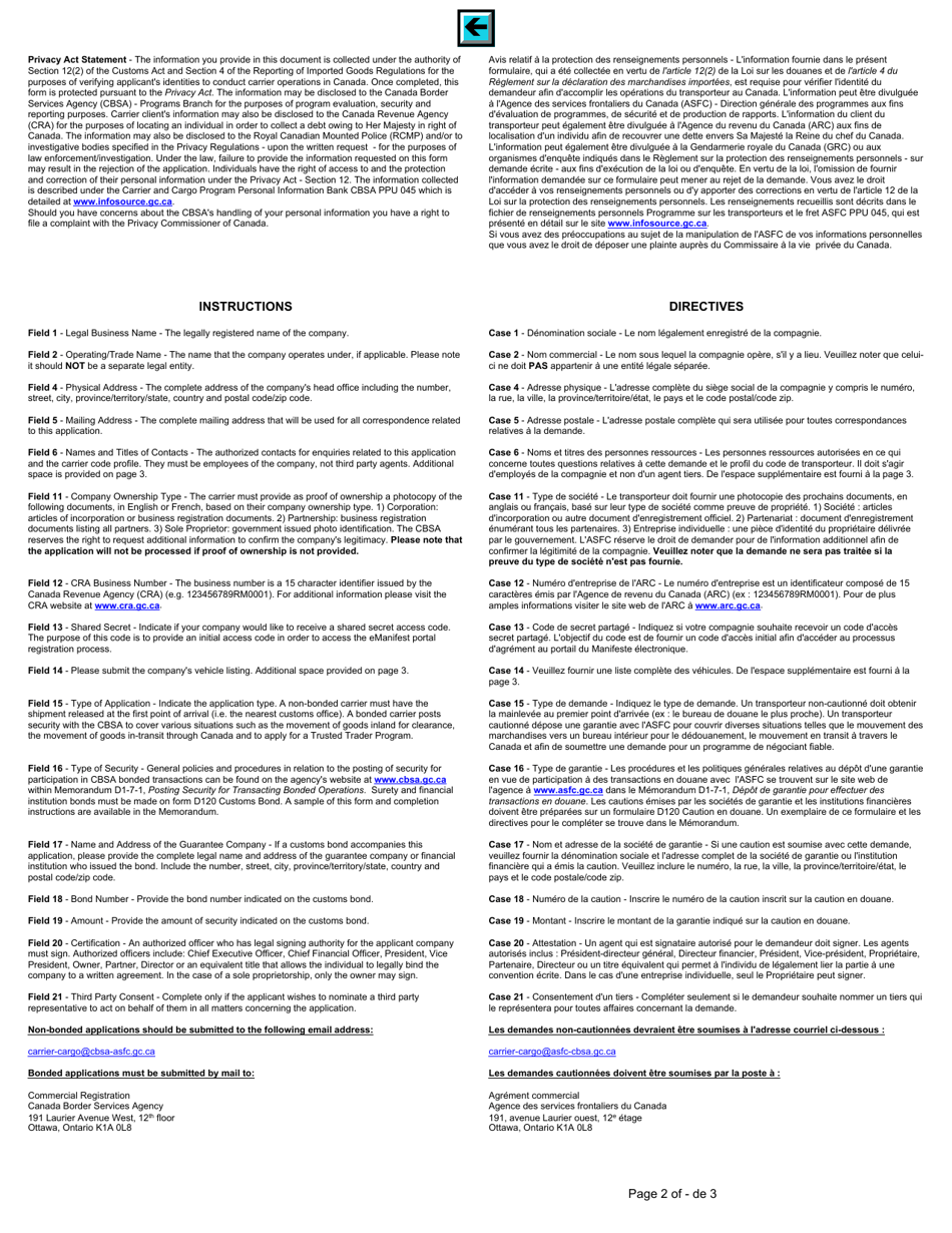 Form BSF329-7 Application to Transact Highway Operations With the Canada Border Services Agency - Canada (English / French), Page 2