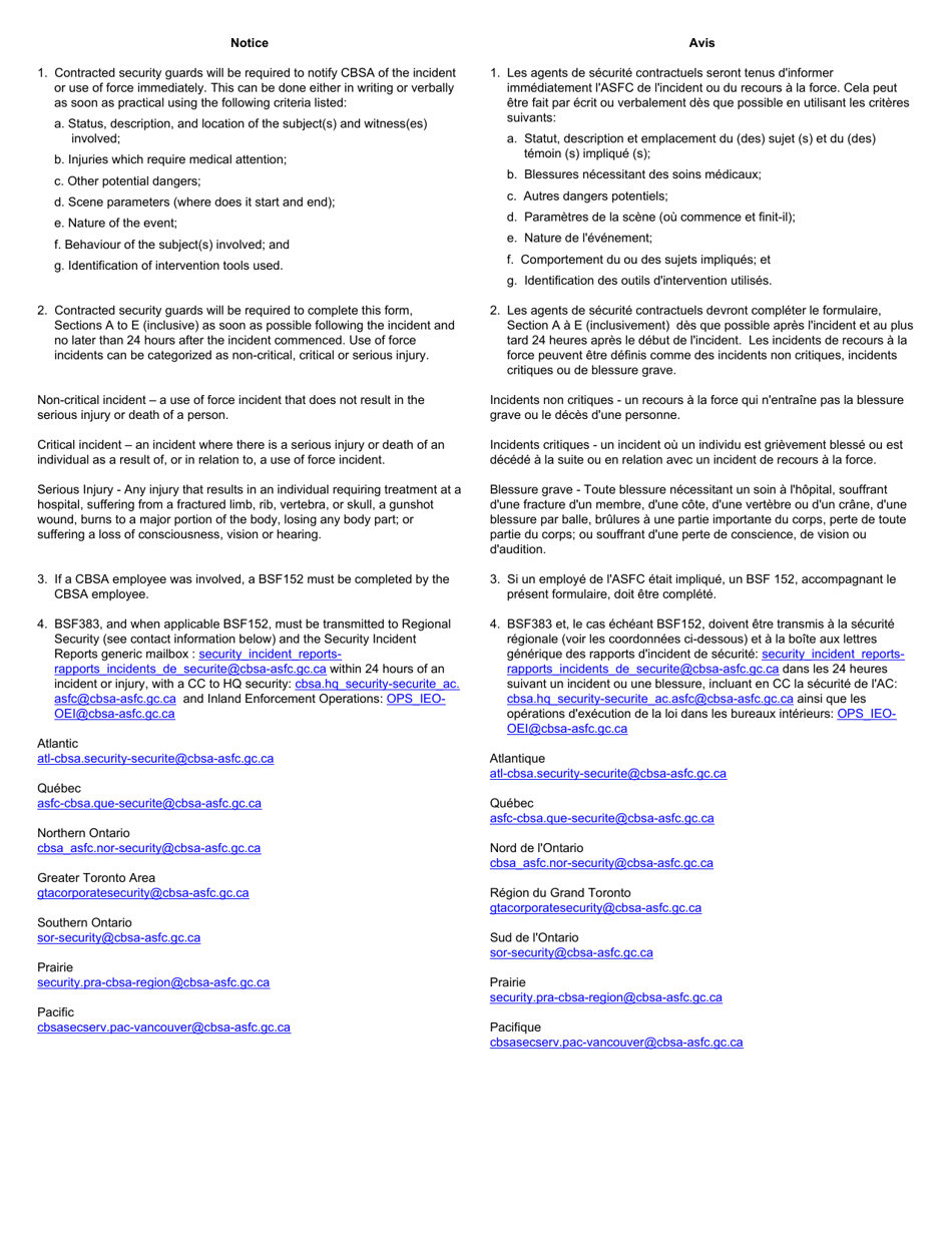 Form BSF383 Contracted Security Guard Incident and Use of Force Report - Canada (English / French), Page 4