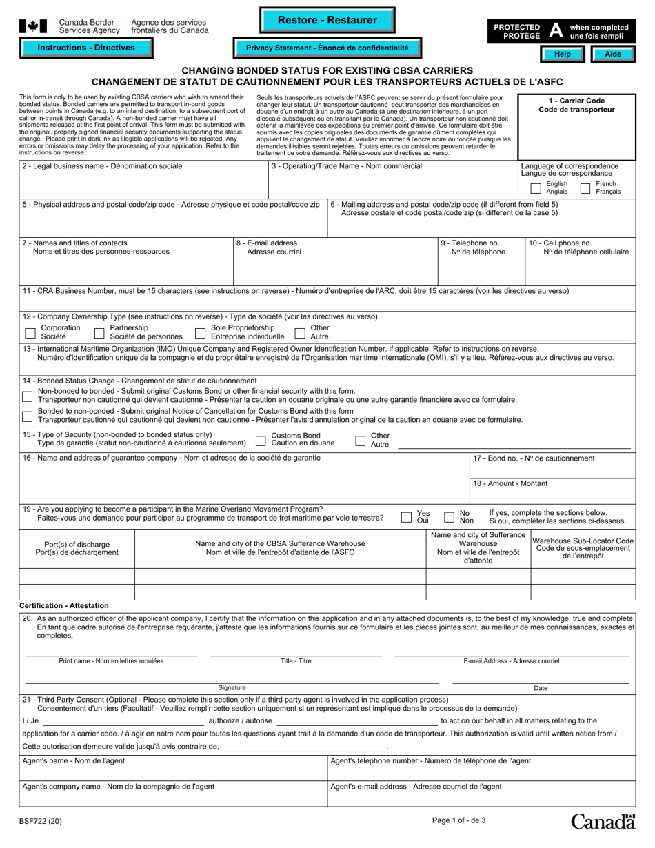 Form BSF722 Changing Bonded Status for Existing Cbsa Carriers - Canada (English / French), Page 1