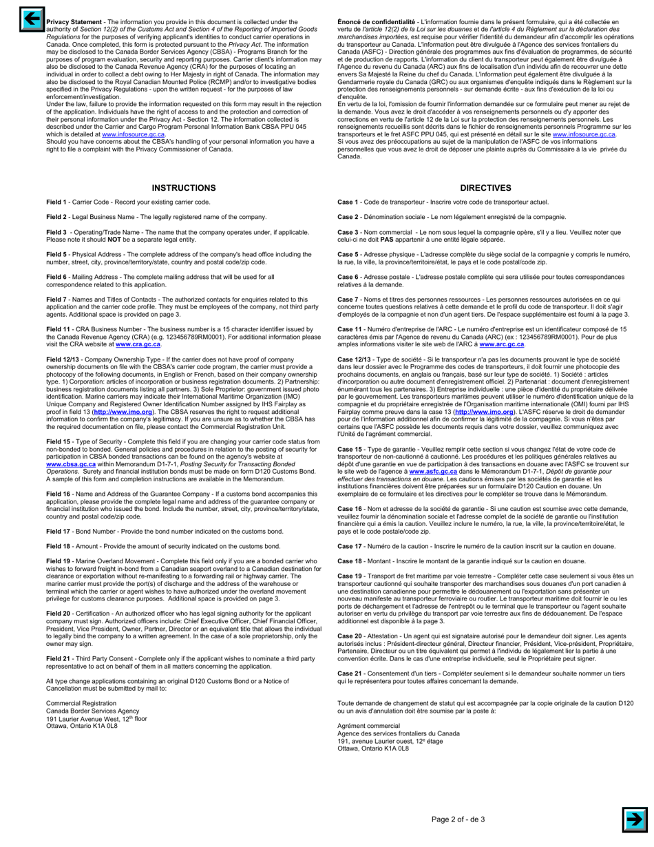 Form BSF722 Changing Bonded Status for Existing Cbsa Carriers - Canada (English / French), Page 2