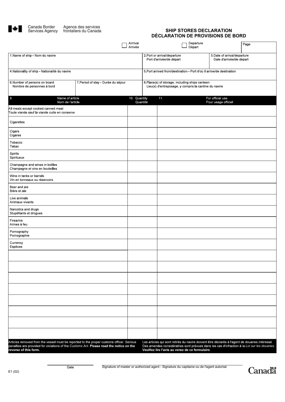 Form E1 Ships Stores Declaration - Canada (English / French), Page 1