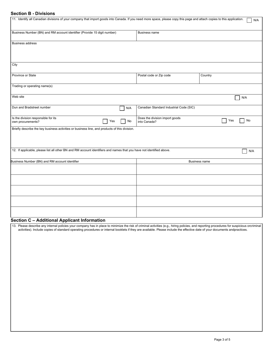 Form E646 Part 1 Customs Self Assessment - Importer Application - Canada, Page 3