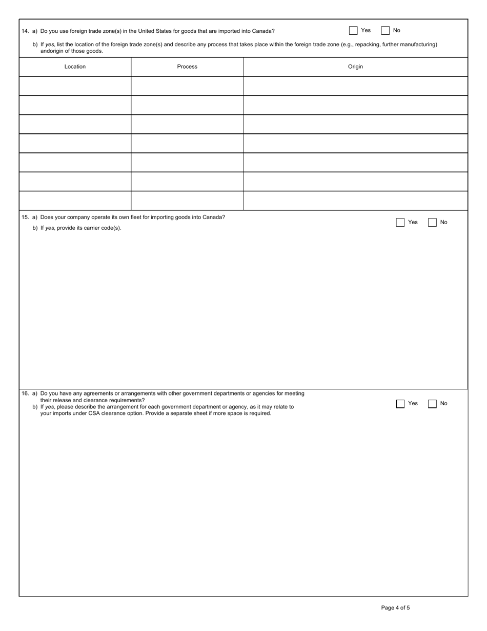 Form E646 Part 1 Customs Self Assessment - Importer Application - Canada, Page 4