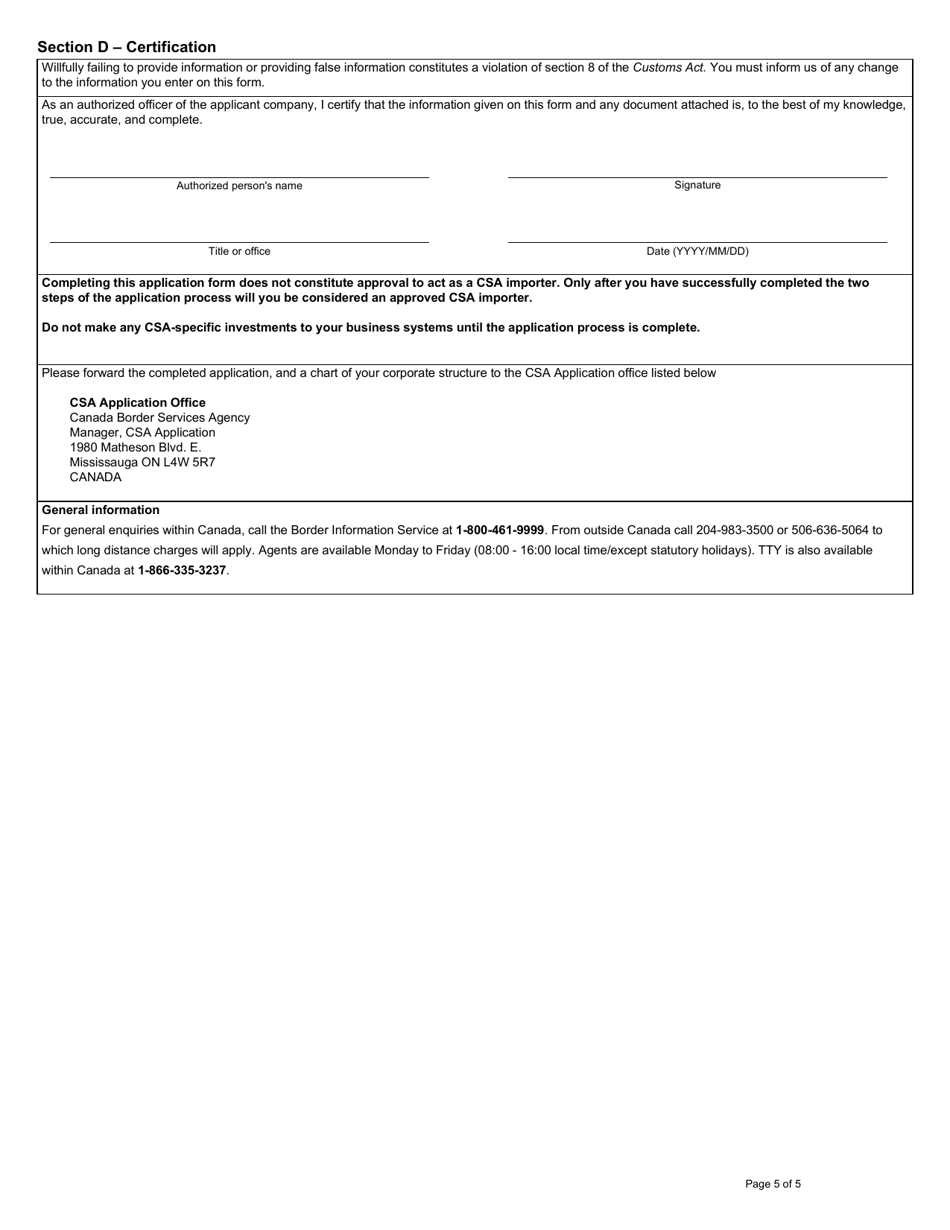 Form E646 Part 1 Customs Self Assessment - Importer Application - Canada, Page 5