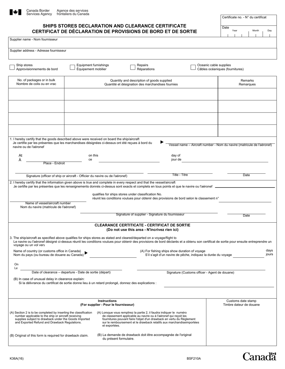Form K36A (BSF210A) Ships Stores Declaration and Clearance Certificate - Canada (English / French), Page 1