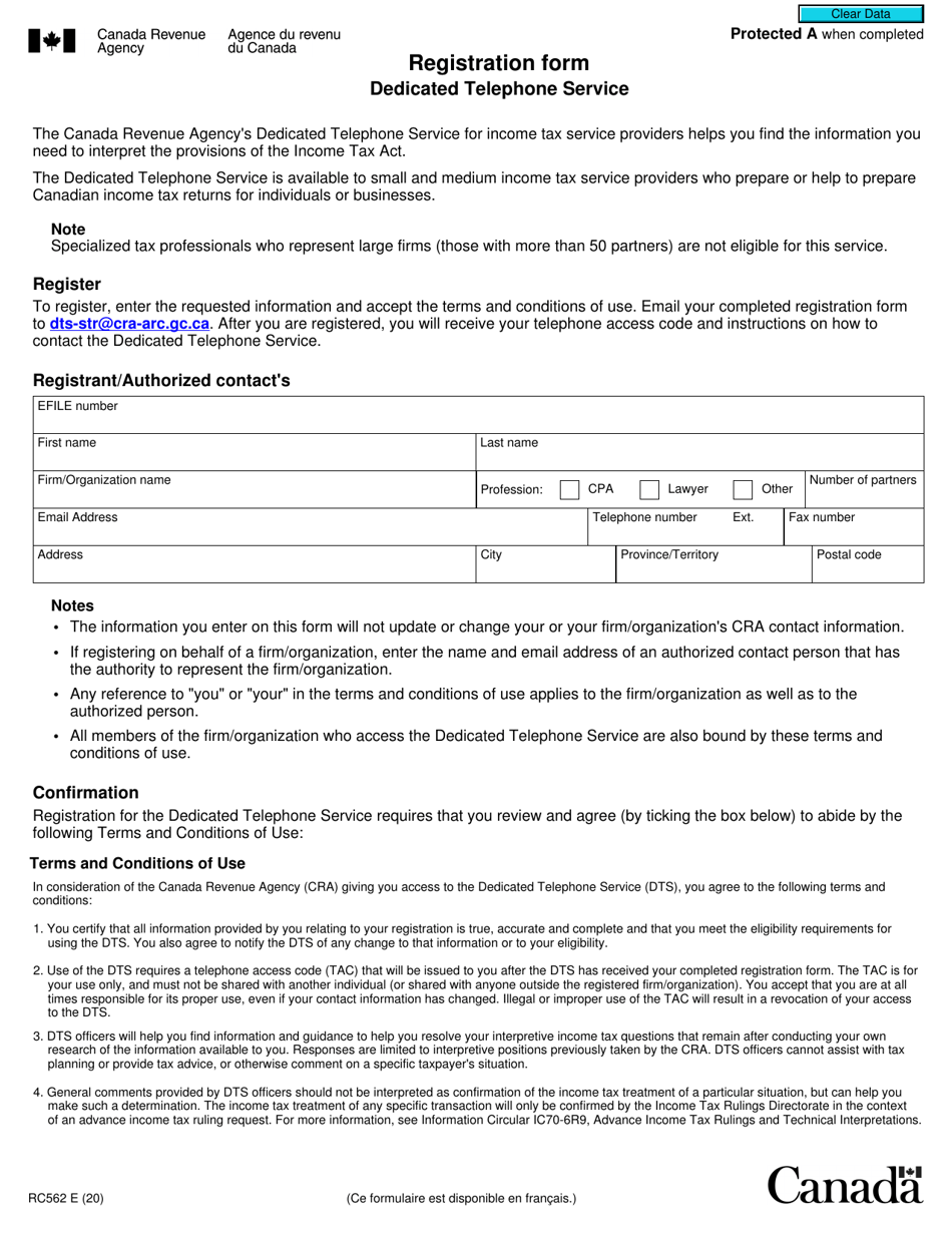 Form RC562 Registration Form - Dedicated Telephone Service - Canada, Page 1