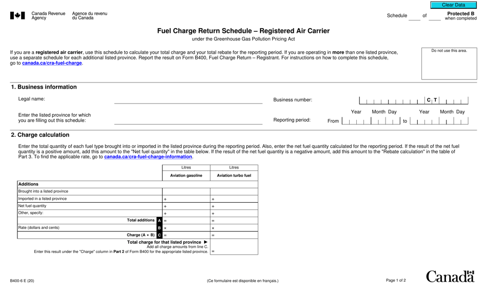 Form B400-6 Fuel Charge Return Schedule - Registered Air Carrier - Canada, Page 1
