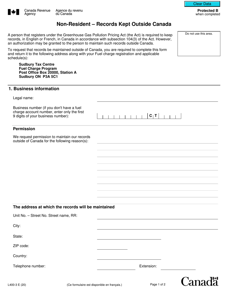 Form L400-3 Non-resident - Records Kept Outside Canada - Canada, Page 1