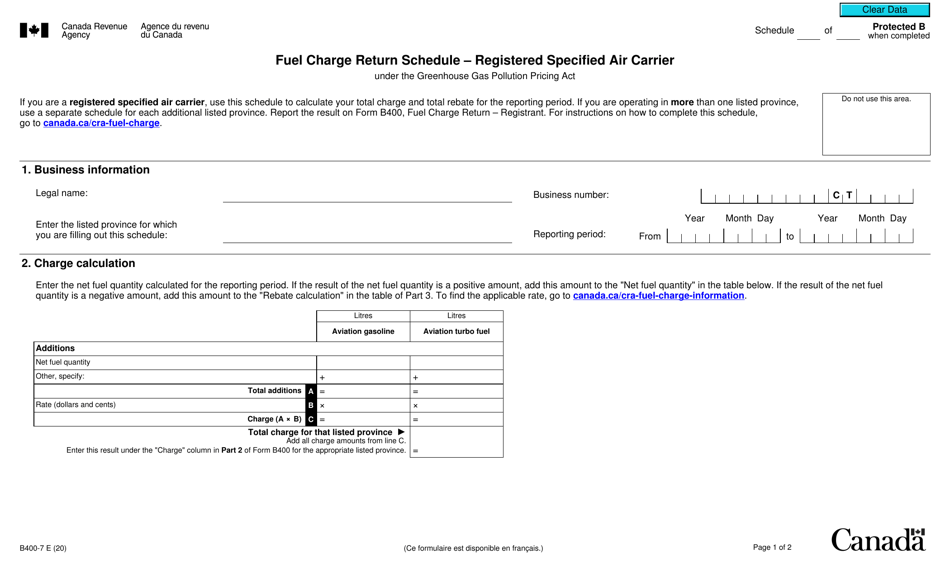 Form B400-7 Fuel Charge Return Schedule - Registered Specified Air Carrier - Canada, Page 1