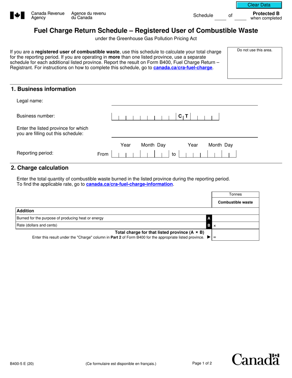 Form B400-5 Fuel Charge Return Schedule - Registered User of Combustible Waste - Canada, Page 1