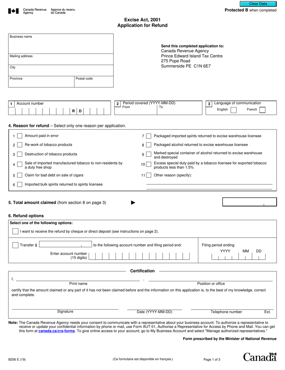 Form B256 Excise Act, 2001 - Application for Refund - Canada, Page 1