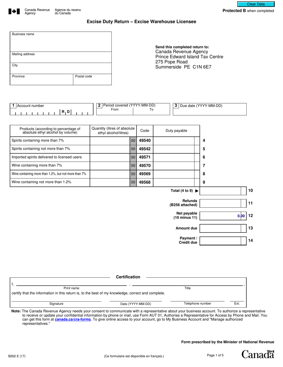 Form B262 Excise Duty Return - Excise Warehouse Licensee - Canada, Page 1
