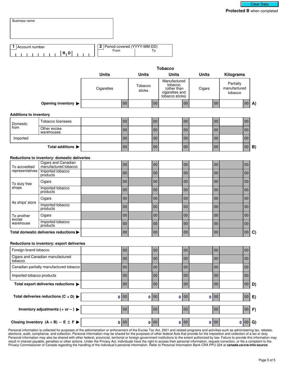Form B262 Excise Duty Return - Excise Warehouse Licensee - Canada, Page 5