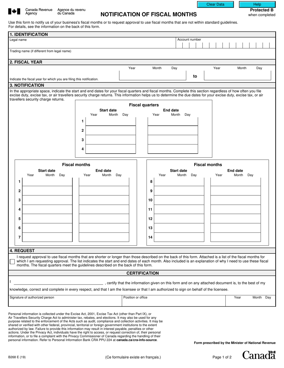 Form B268 Notification of Fiscal Months - Canada, Page 1